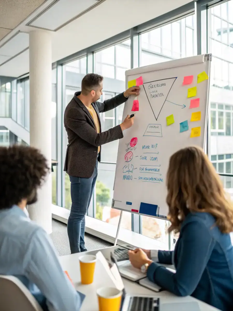 Mãos desenhando funil de vendas e estratégia de conteúdo em quadro branco