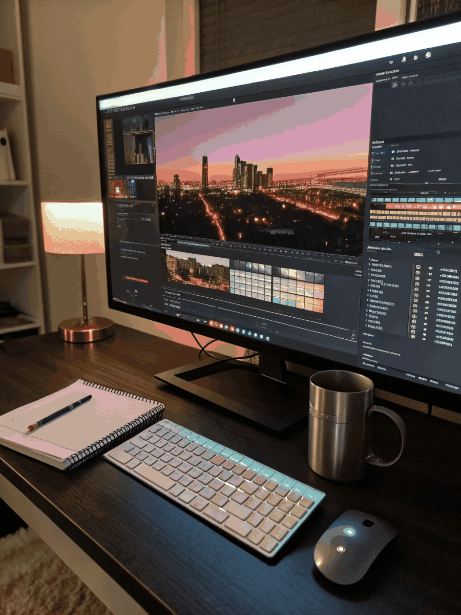 Interface de software de edição de vídeo com foco em correção de cor