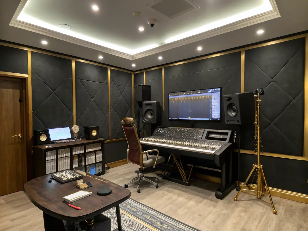 Área principal de gravação com câmeras Blackmagic e iluminação profissional